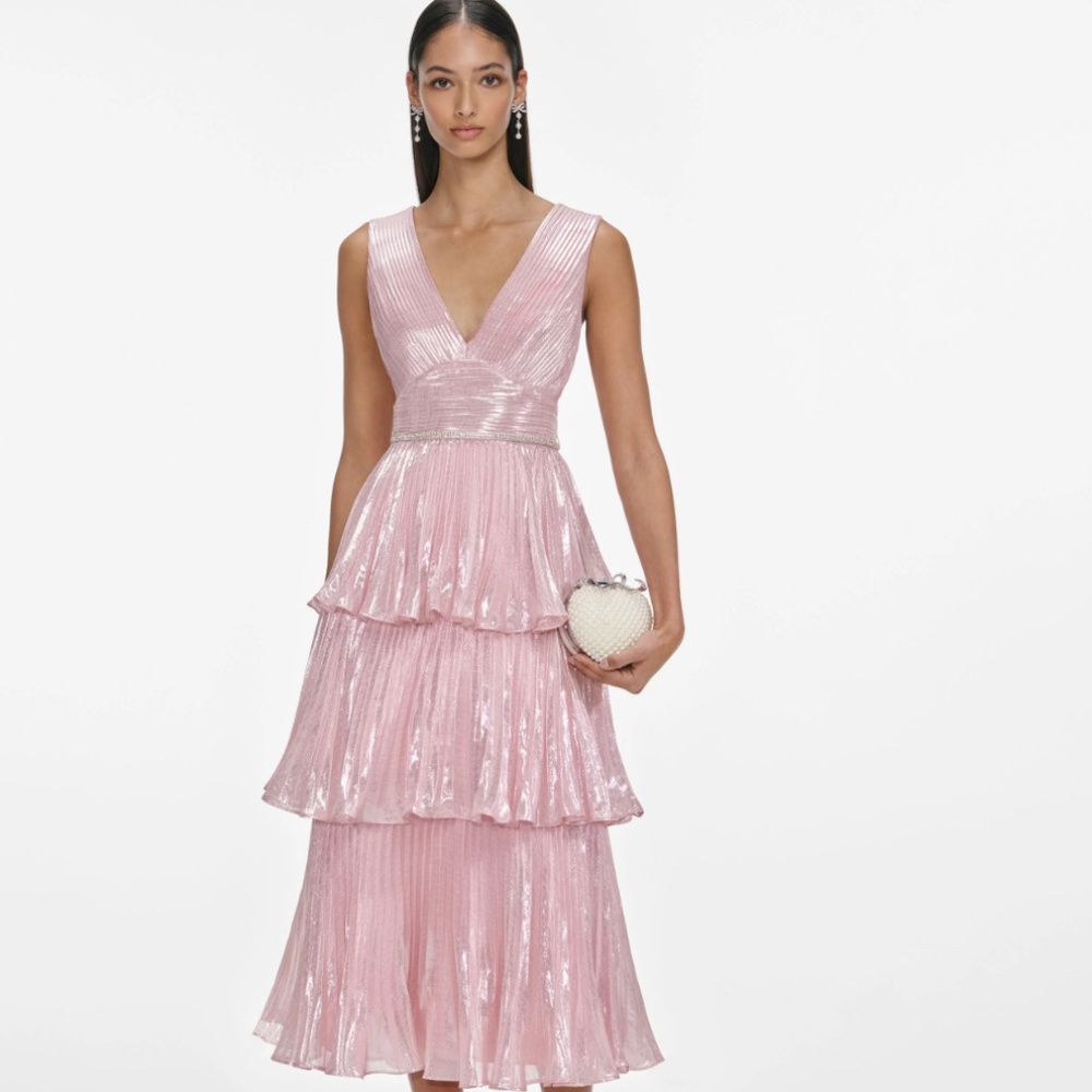 self-portrait Pink Metallic Tiered Midi Dress - Size: US6 - MSRP $785 - NWT
